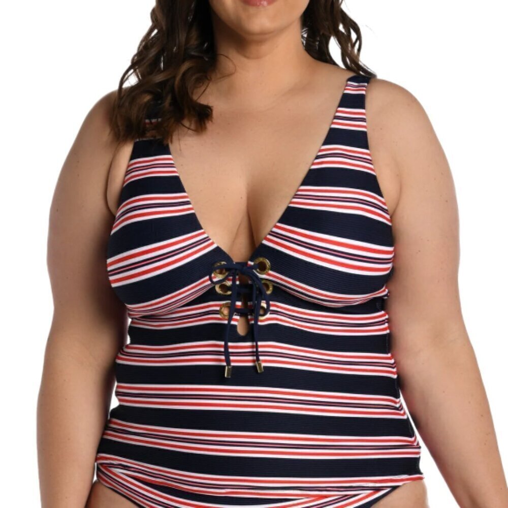 La Blanca Sailor Stripe Lace-Up Tankini Swimsuit Top, Indigo Multi